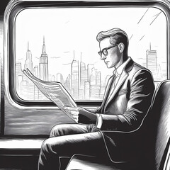 A man with glasses is reading a newspaper, sitting by the window on a train