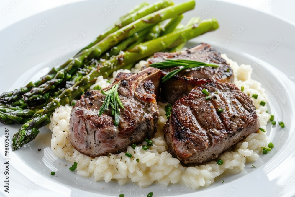 Canvas Prints A plate filled with grilled meat and steamed asparagus, perfect for a healthy meal or buffet