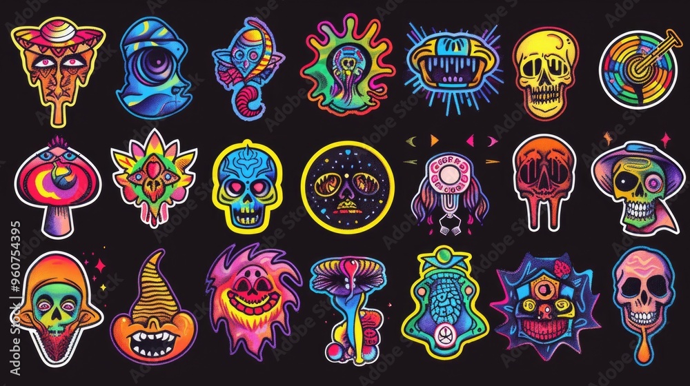 Poster a set of colorful stickers featuring unique designs and patterns, ideal for scrapbooking, crafting, 