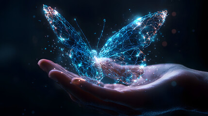 A digital abstract butterfly flies from businessman hands. Technology innovation concept. Futuristic low poly wireframe illustration. Metaverse evolution metaphor. Blue hologram effect