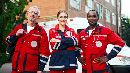 Portrait of team of paramedics in red medical uniform posing outdoors. Male and female doctors standing in street near ambulance and smiling at camera. Medical workers. Professional nurses, first aid © VAKSMANV