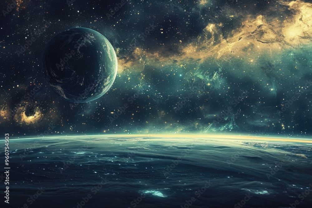 Poster view of the earth from space with stars shining bright in the background