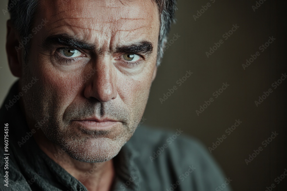 Aufkleber A man with a serious expression contemplates deeply, lost in thought in a softly illuminated space, possibly reflecting on personal matters. Generative AI