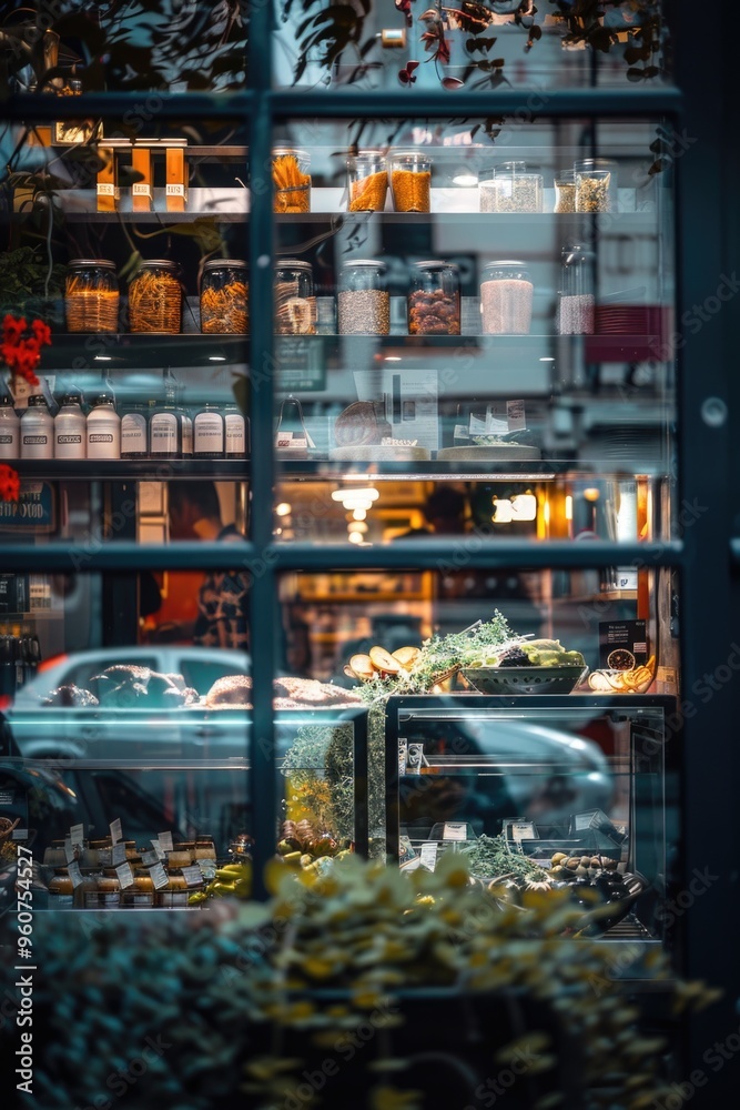 Aufkleber A vehicle parked in front of a retail storefront with products displayed in the window