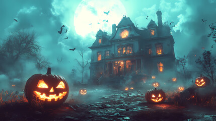 A haunted mansion and jack-o'-lanterns under a foggy moonlit sky. Haunted Mansion. Illustration