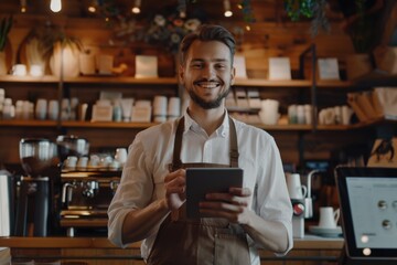 Fototapeta premium A person stands in front of a counter, holding a tablet device