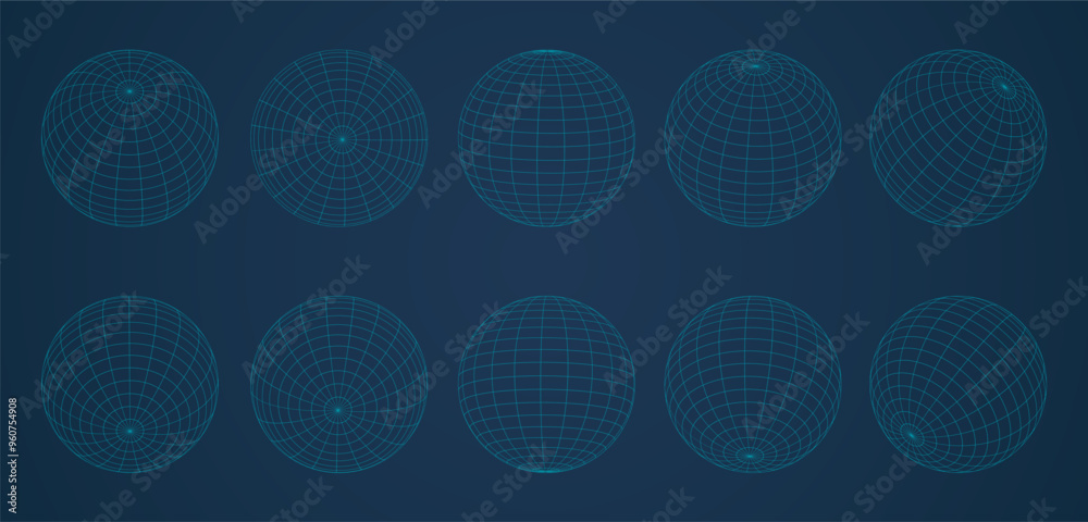 Wall mural globe grid spheres. striped 3d wireframe spheres, geometry globe grid, earth latitude and longitude 