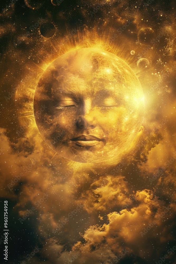 Poster a serene scene of a woman's face reflected in clouds with the sun shining bright in the background
