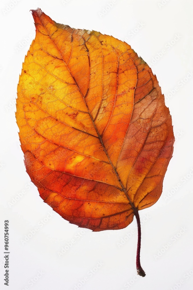 Poster a detailed view of a single leaf on a plain white background, suitable for use in nature-themed desi