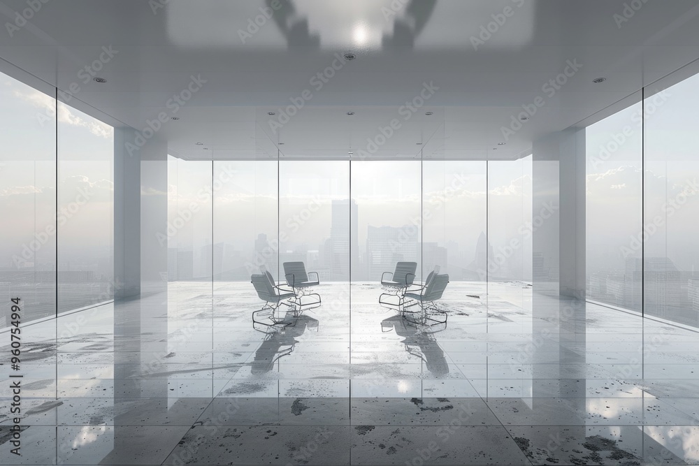 Poster Two chairs facing a window with a view of the city skyline