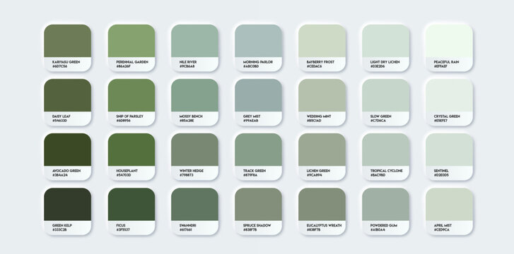 Green Color Guide Palette with Color Names. Catalog Green Samples with RGB HEX codes and Names. Vector EPS 10