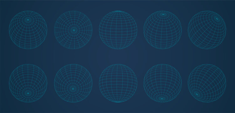 Globe grid spheres. Striped 3D wireframe spheres, geometry globe grid, earth latitude and longitude line grid vector symbols set