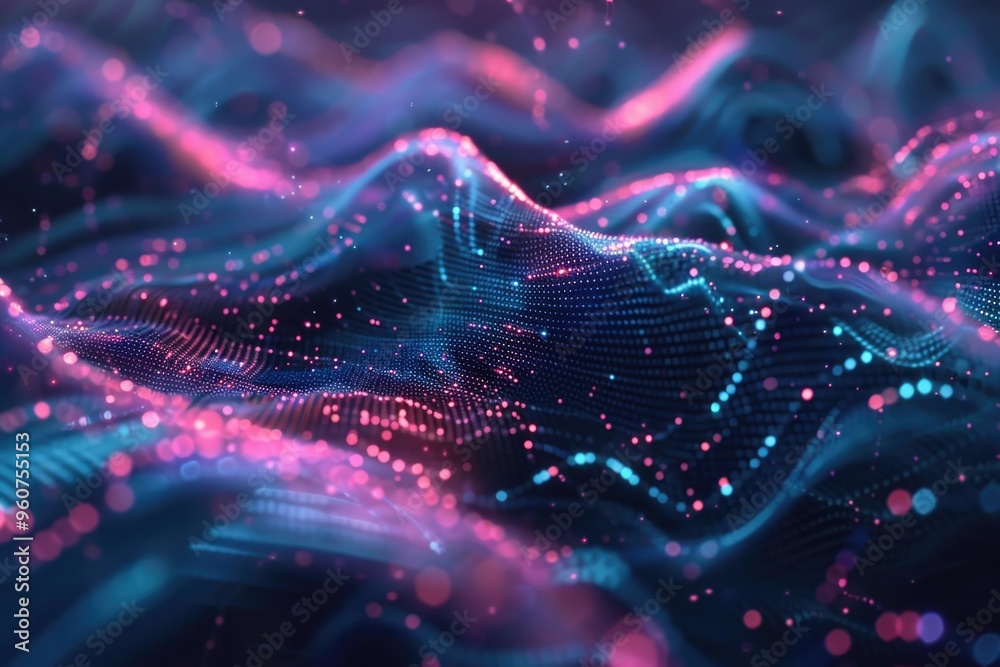 Poster a computer-generated image of a wave of pink and blue lights, perfect for futuristic or technologica