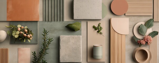 Abstract mood board with geometric shapes and earthy tones, featuring green and brown elements for design inspiration and decor ideas