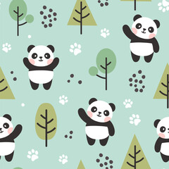 cute panda bear cheering pose mint green forest kids scandinavian style seamless pattern background with trees and animal footprints. Bedding children vector design, fabric and textile print.