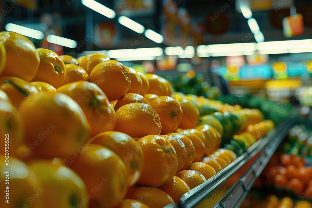 Poster a basket of fresh oranges displayed on a store shelf, waiting for customers to purchase