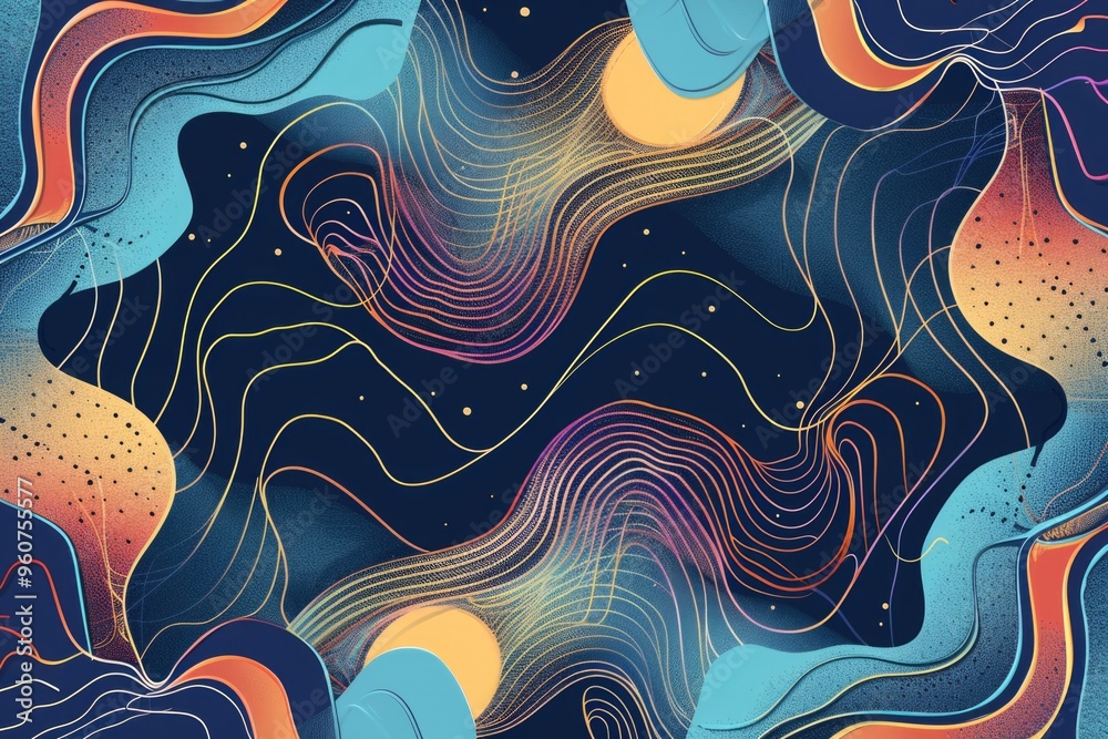 Poster Colorful abstract background featuring wavy patterns and dots, suitable for design and art projects