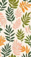 Colorful pastel retro pattern with pink, green, and orange leaves creating a vintage botanical design