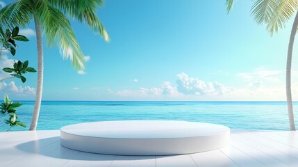Fototapeta premium Tropical Paradise Podium - Vibrant Beach Setting for Summer Marketing | Colorful Seaside Presentation Stand
