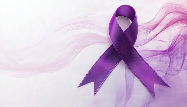Purple ribbon with pink abstract waves symbolizing breast cancer awareness and support.