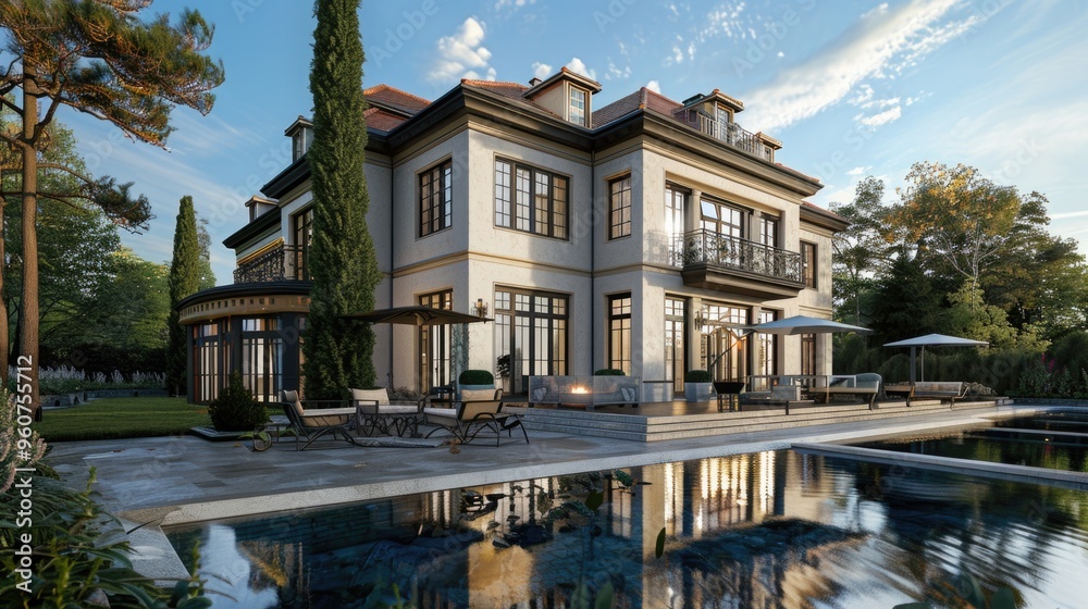 Poster a large house with a pool in the front yard, great for summer vibes and relaxation