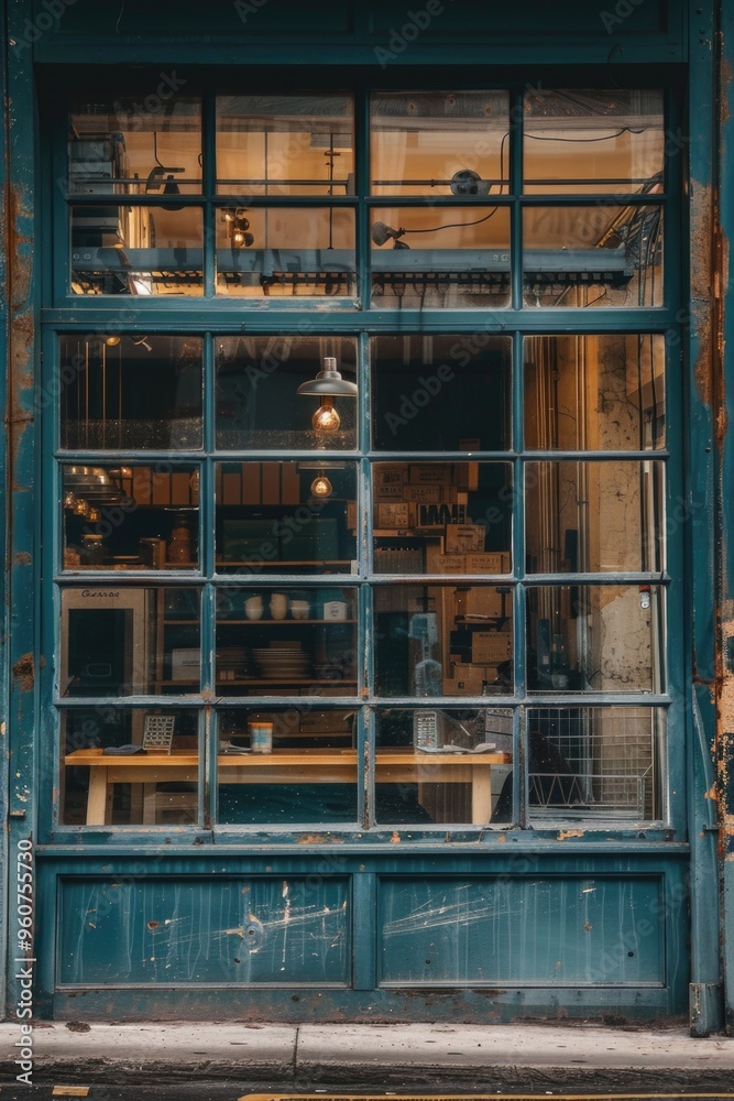 Poster A modern building with a large window and a yellow fire hydrant on the side