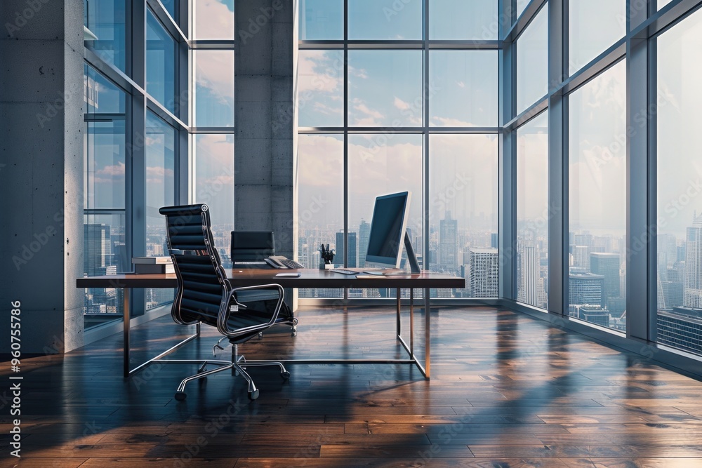Poster a person working at a desk with a laptop and chair, in front of a large window