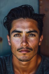 Obraz premium A close-up shot of a person's face with visible freckles