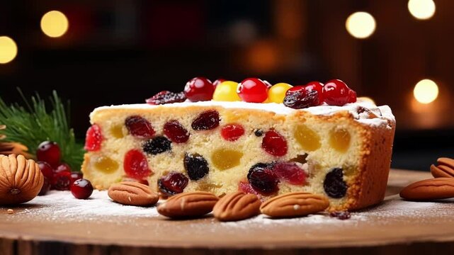 Slice of delicious christmas fruit cake decorated with cranberries, nuts and powdered sugar, sitting on a wooden board with christmas lights in the background