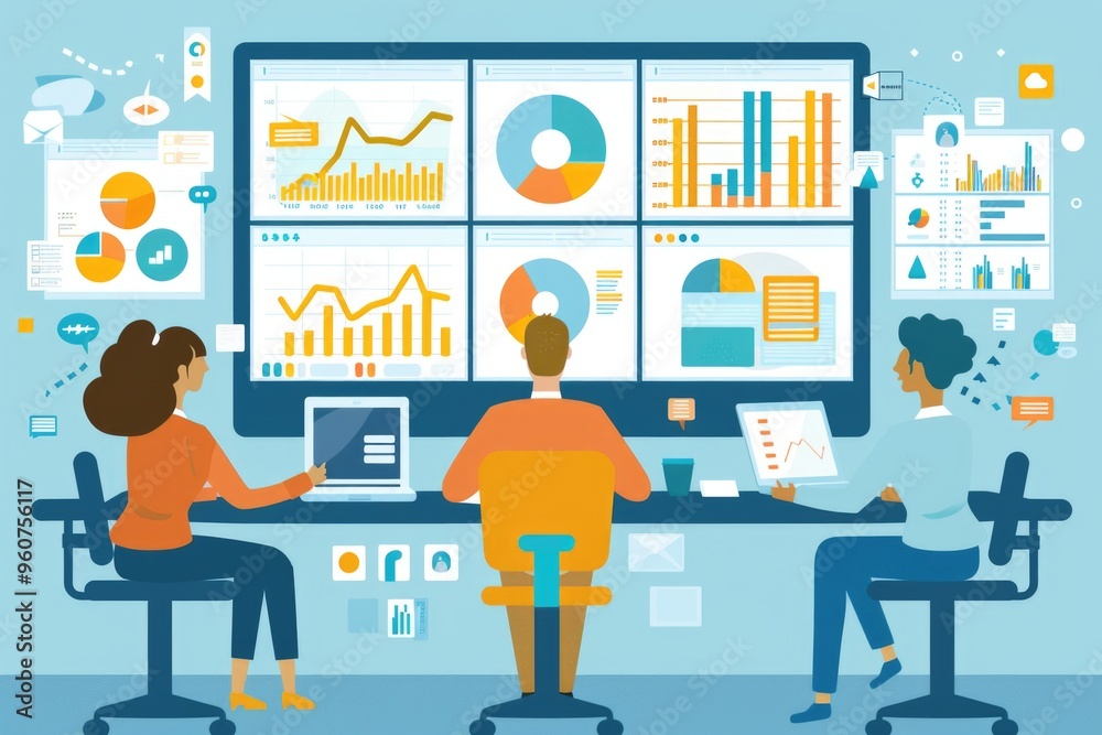 Poster Two people working together at a desk with a computer monitor, possibly for office tasks or collaborative projects