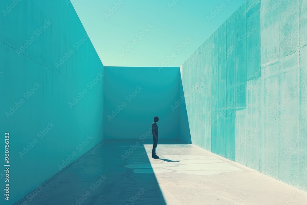 Wall mural a person standing against a bright blue wall, no other objects or people are visible