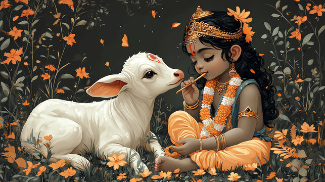 Cute little baby Krishna with sacred cow. Hindu god Lord Krishna with calf. Krishna Janmashtami, Govardhan Puja, Vasubaras. Indian religious festival