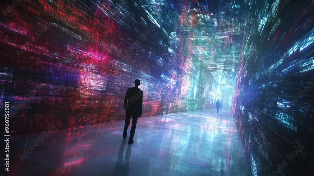Poster silhouette of a man walking through a futuristic tunnel of digital data