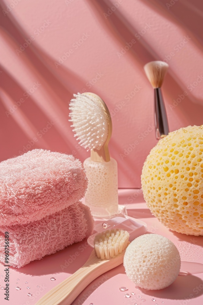 Poster a collection of sponges and brushes arranged on a bright pink surface, ideal for crafting or diy pro