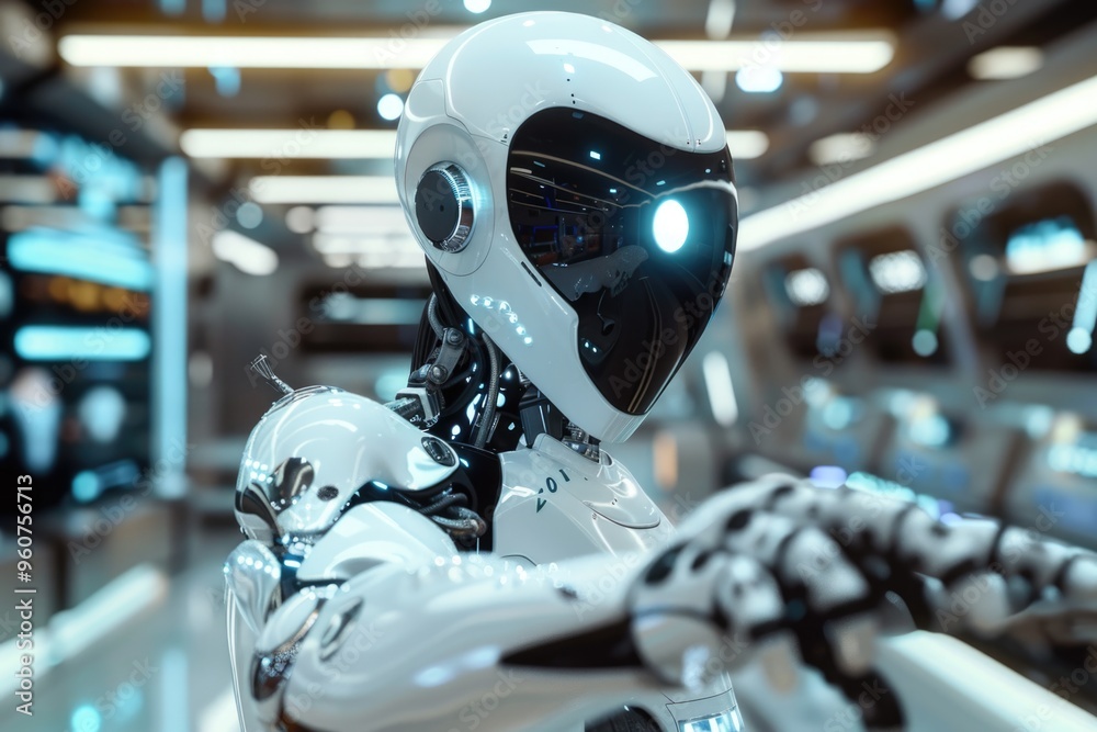 Poster a robot standing in a modern room with white walls and a floor