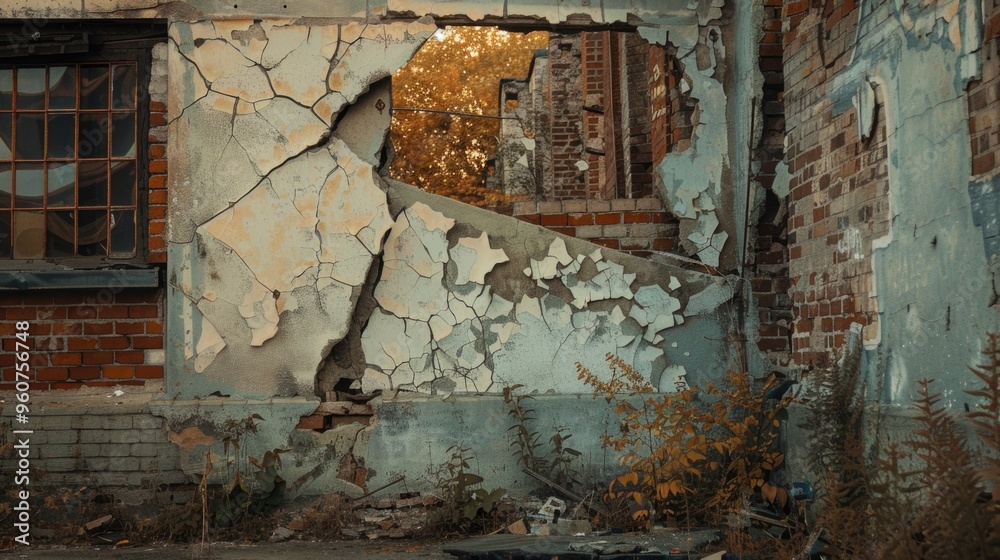 Poster a neglected old building with peeling paint and a broken window, perfect for use in historical or ab