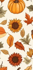 Obraz premium Seamless pattern of pumpkins and sunflowers with autumn leaves for seasonal decoration and design