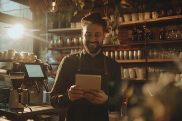 A person using a tablet at a counter