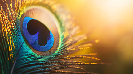Naklejka premium Sacred beautiful peacock feather as symbol of Hindu god Lord Krishna on sunset. Krishna Janmashtami, Govardhan Puja. Indian culture and religious concept. Background with copy space for banner, poster