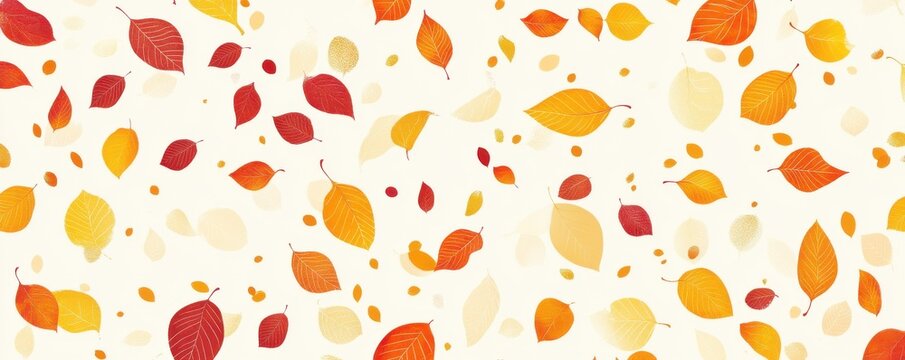 Seamless pattern of digital illustration featuring vibrant autumn leaves in shades of orange, red, and yellow against a cream background