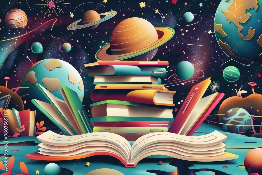 Poster a classic open book sits atop a stack of literature, ready for reading