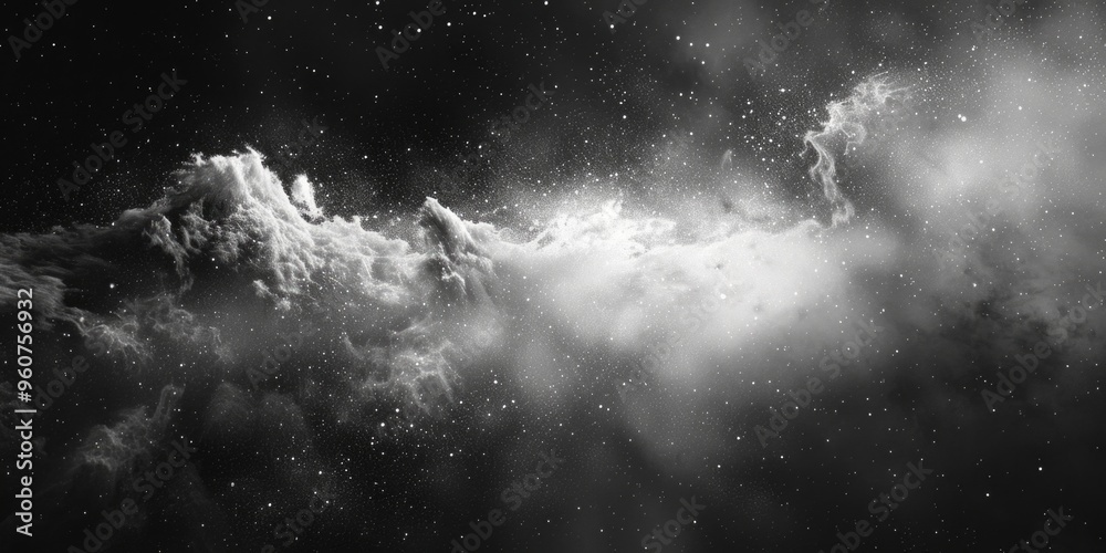 Poster a black and white photograph of a cloudy sky with big cumulus clouds, great for use in weather or na