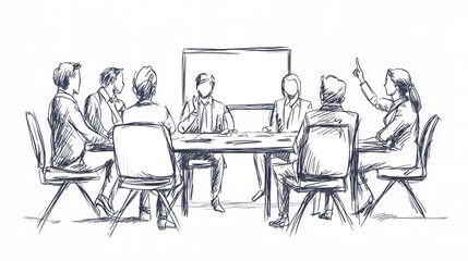 A simple line drawing of five people sitting around a table, talking against a white background