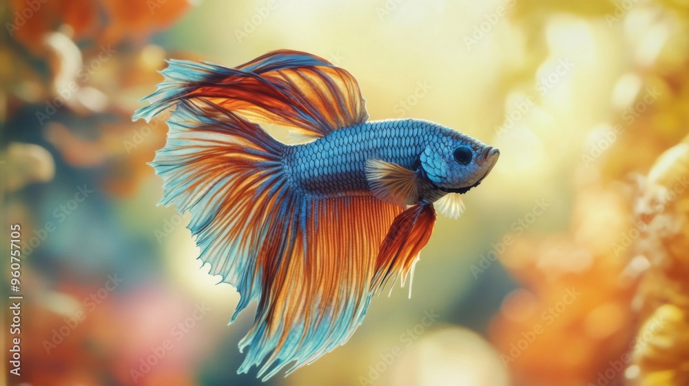 Poster close-up of a betta fish with a unique and colorful pattern, swimming gracefully amidst colorful aqu