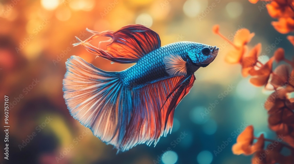 Poster close-up of a betta fish with a unique and colorful pattern, swimming gracefully amidst colorful aqu