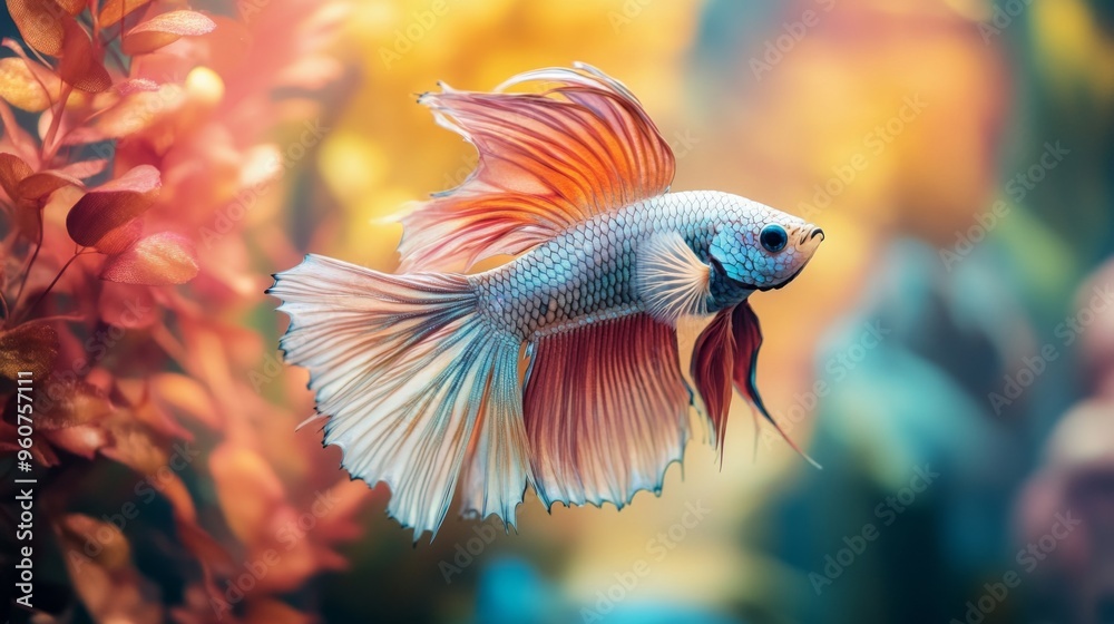 Poster close-up of a betta fish with a unique and colorful pattern, swimming gracefully amidst colorful aqu