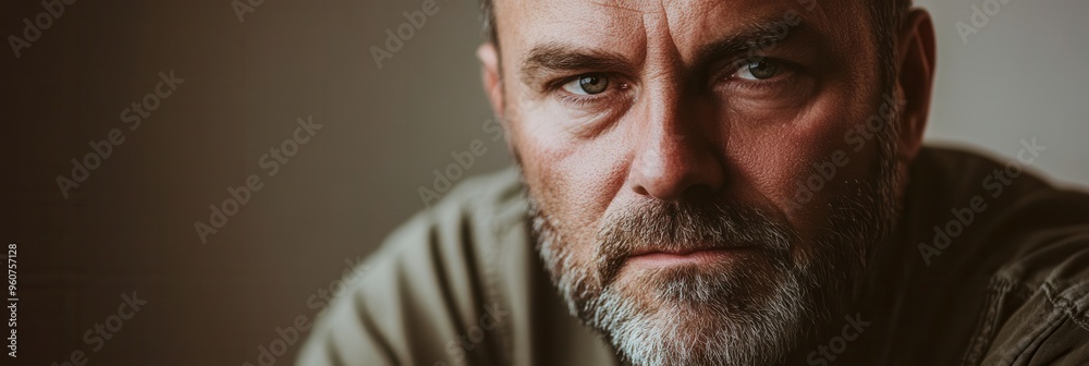 Leinwandbilder a man with a serious expression gazes thoughtfully, lost in contemplation in a serene environment, h