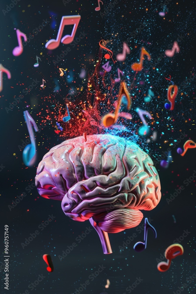Poster a creative representation of the connection between music and the human brain, with musical notes em