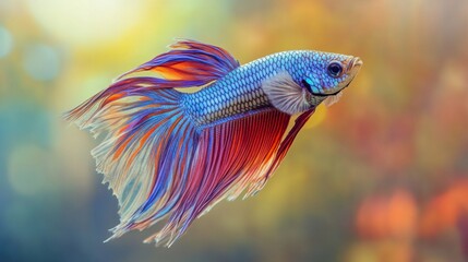 Obraz premium Close-up of a Betta fish with iridescent scales and long, flowing fins, captured in a peaceful aquarium setting with soft lighting that enhances its colors.