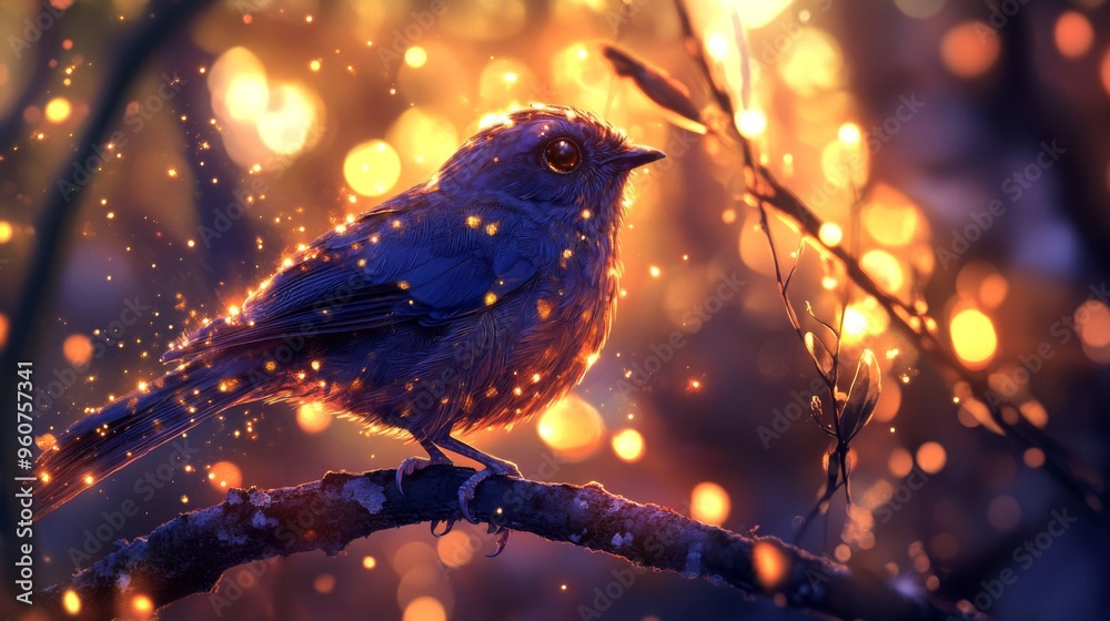 Poster Close-up of a bird with detailed feather patterns, perched on a branch, with a background of softly glowing lights adding depth and a magical feel to the scene.